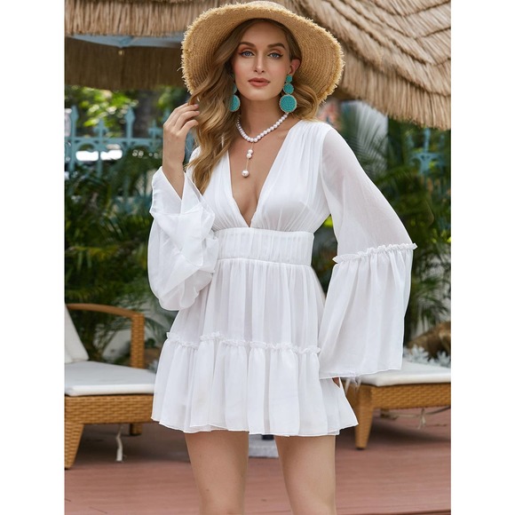 Dresses & Skirts - Plunging v Neck Frill Ruffle Hem long sleeve Chiffon mini Dress white